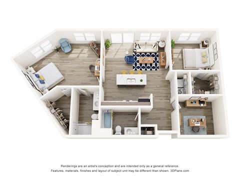 Floor plan for 2 beds, 2 baths, 1303 sqft